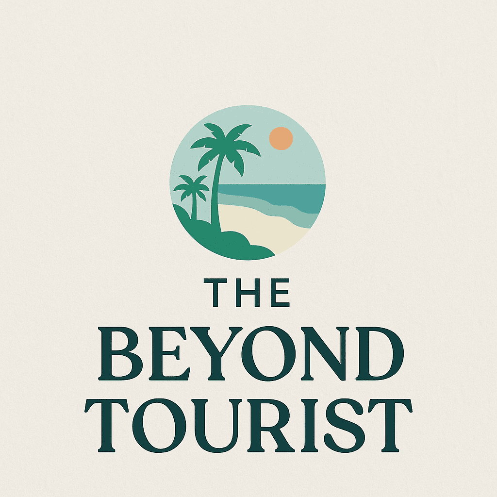 Beyond Tourist logo: minimalist globe with palm tree and plane, symbolizing affordable and adventurous travel around the world.